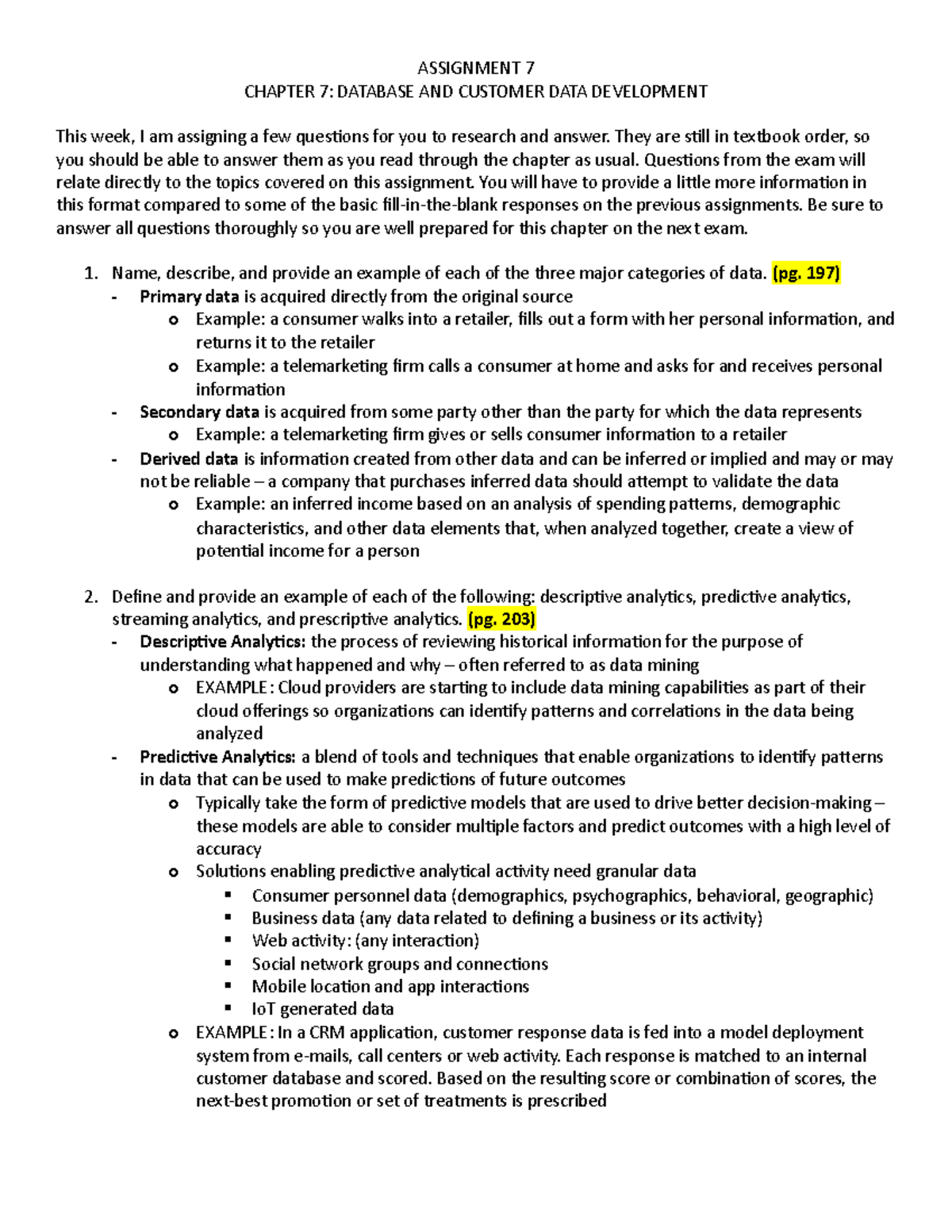 CRM-Assignment 7 - Assignment/Lecture notes - ASSIGNMENT 7 CHAPTER 7 ...