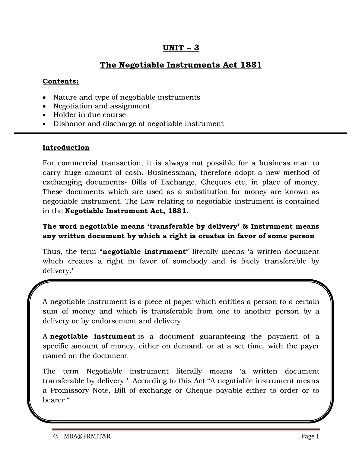 assignment of negotiable instrument