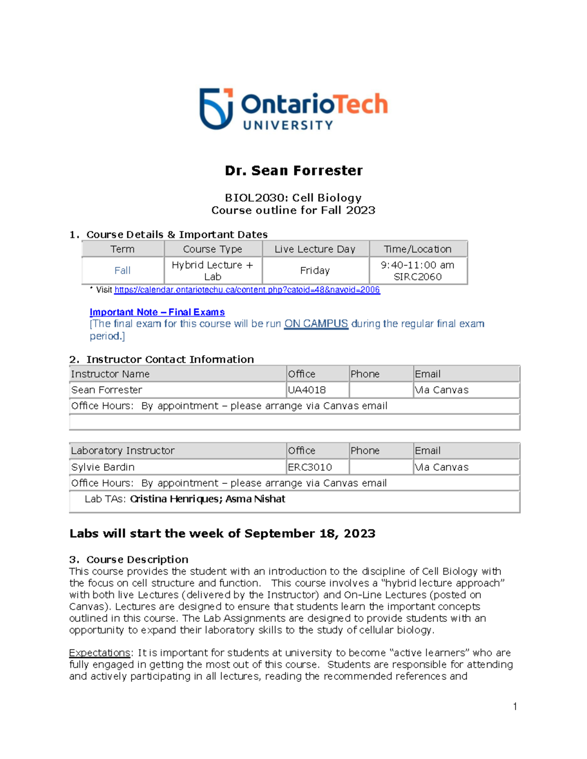 Cell Biology Syllabus Fall 2023-SB - Dr. Sean Forrester BIOL2030: Cell ...