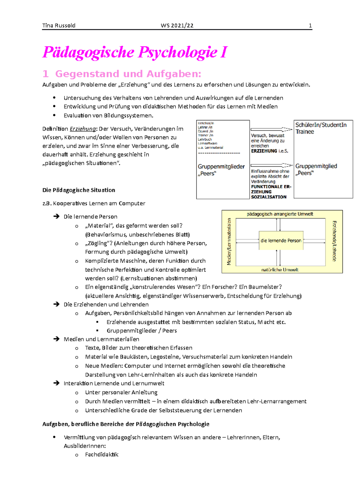 Pädagogische Psychologie I - Pädagogische Psychologie I 1 Gegenstand ...