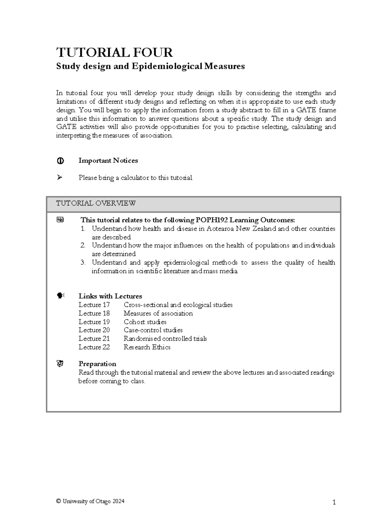 tutorial 4 worksheet - TUTORIAL FOUR Study design and Epidemiological ...