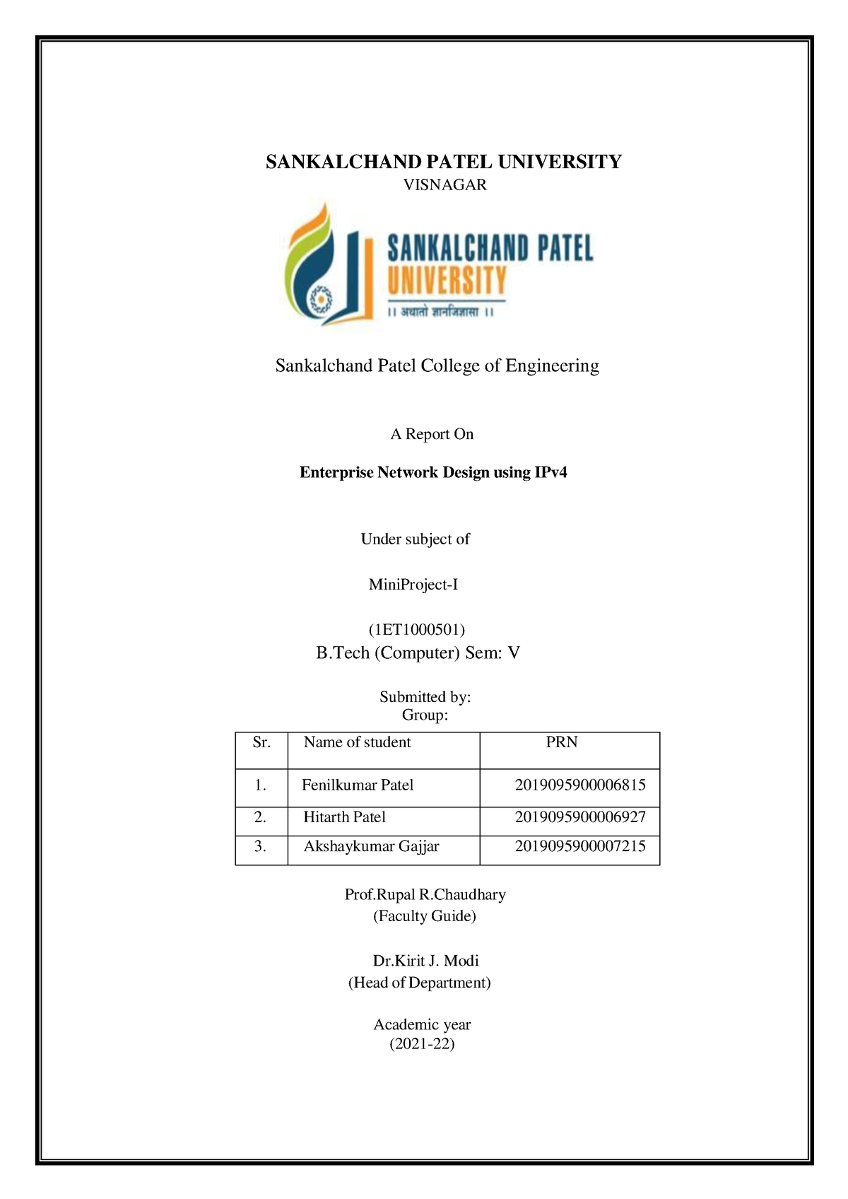 Sample report sem-5 - SANKALCHAND PATEL UNIVERSITY VISNAGAR Sankalchand ...