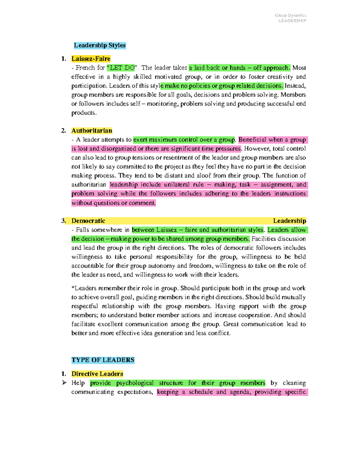 Leadership 2 - For additional notes group dynamics - LEADERSHIP ...