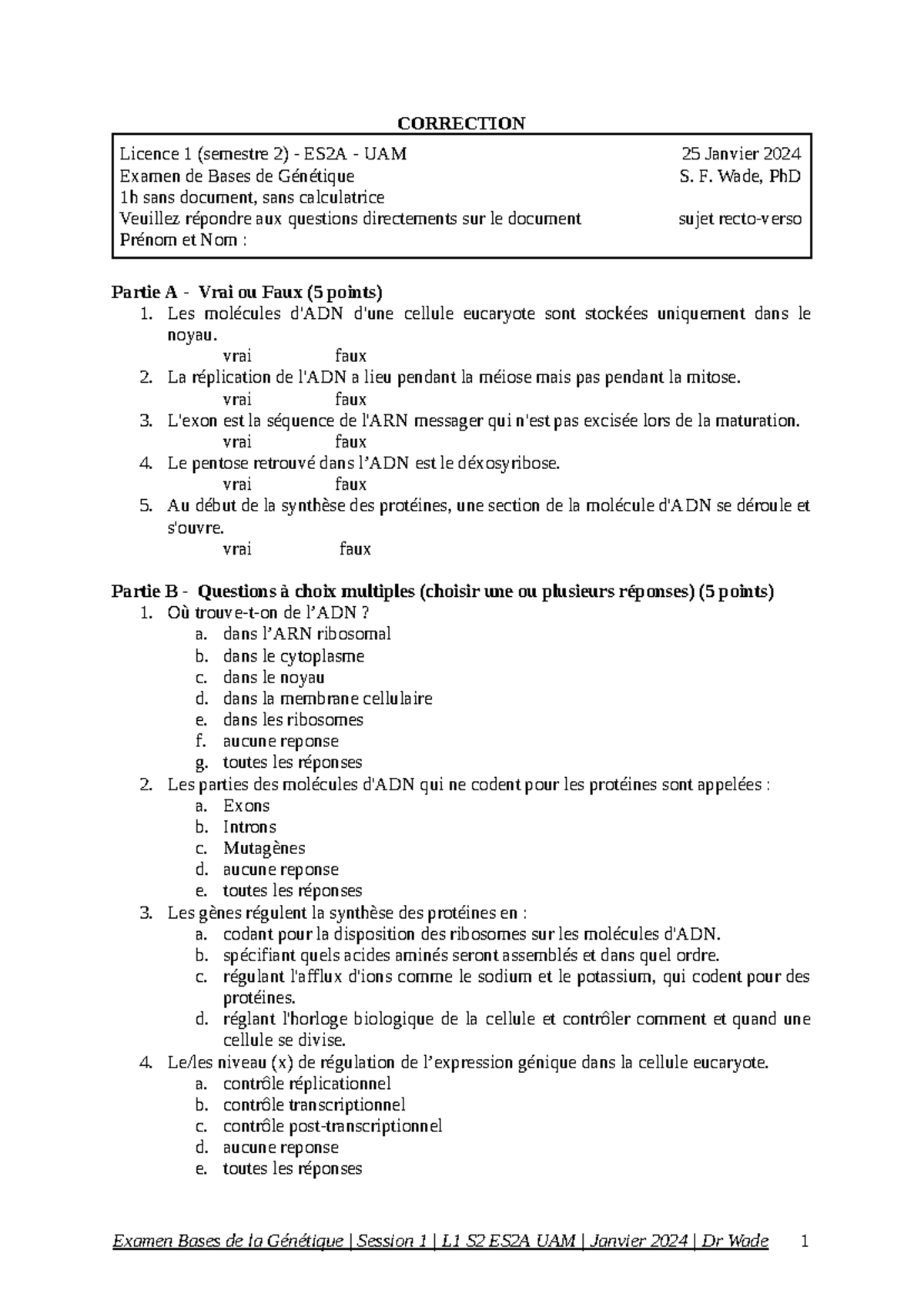 Examen Genetique L1-ES2A Jan2024 - Google Docs - CORRECTION Licence 1 ...