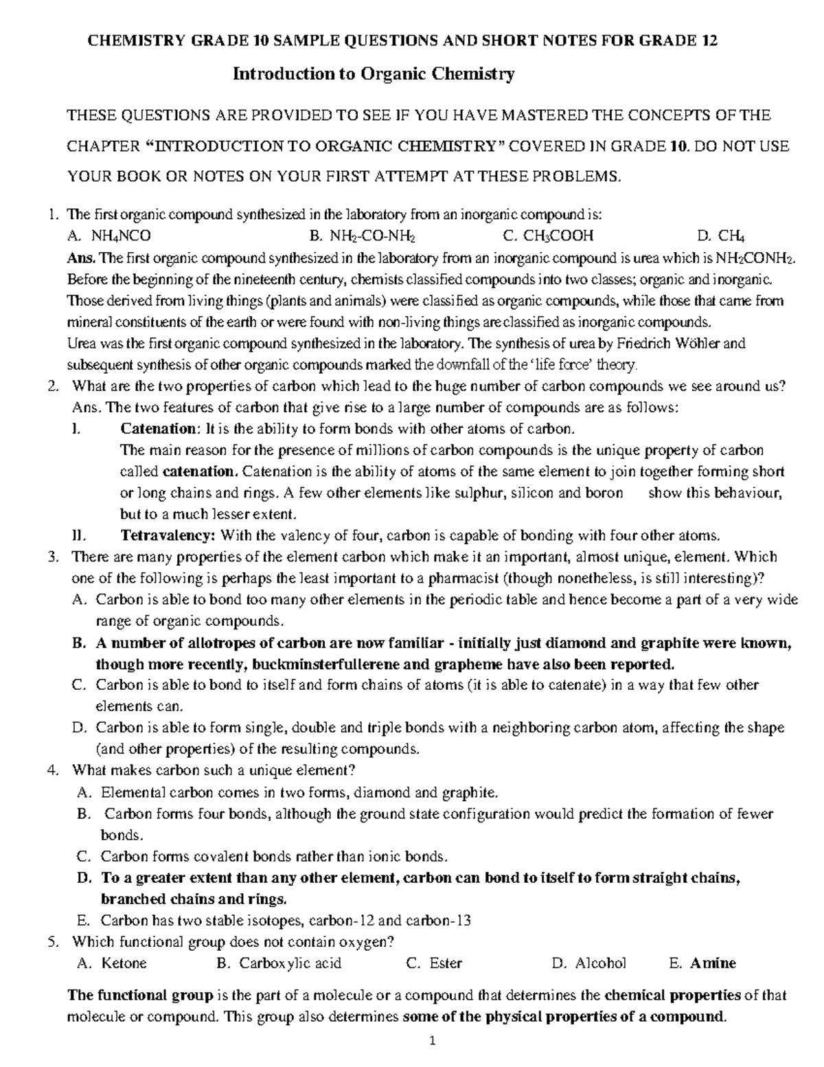 Introduction TO Organic Chemistry - CHEMISTRY GRADE 10 SAMPLE QUESTIONS ...