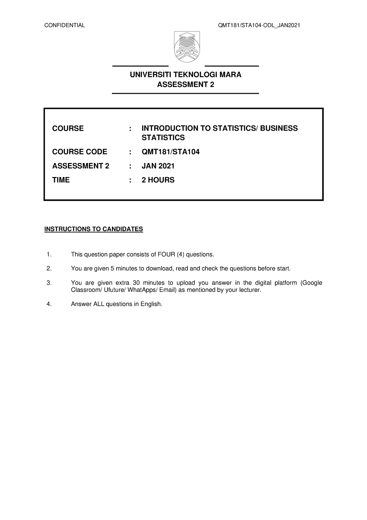 Assessment 2 - Sta104 - Statistic - UiTM - Studocu