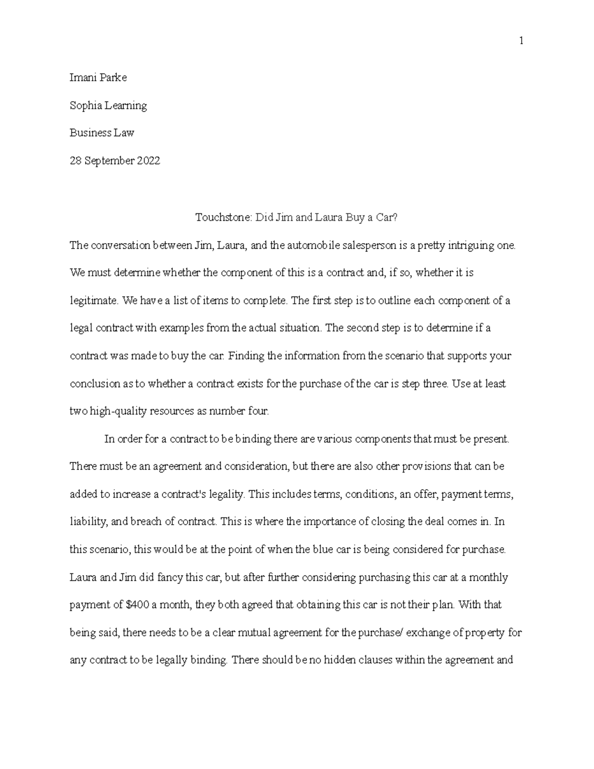 Touchstone Did Jim and Laura Buy a Car 1 Imani Parke Sophia Learning