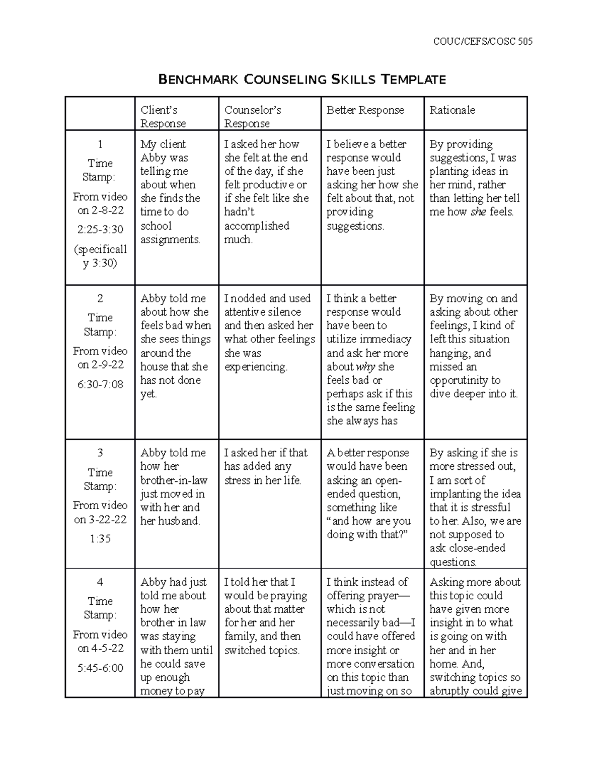 Counseling Skills Assignment - COUC/CEFS/COSC 505 BENCHMARK COUNSELING ...