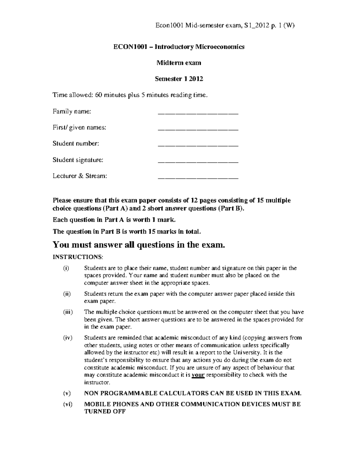 Exam 2012, questions and answers - Econ1001 exam, S1_2012 p. 1 (W ...