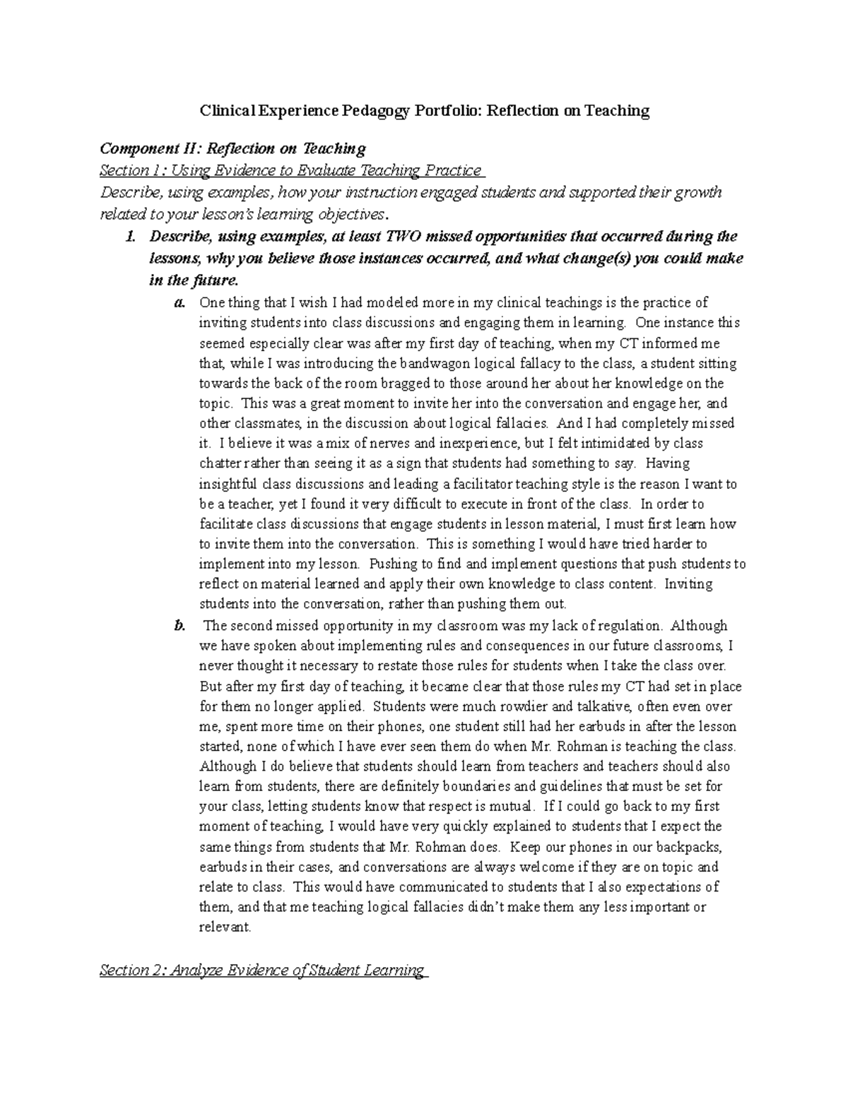 Clinical Experience Pedagogy Portfolio Reflection on Teaching 1