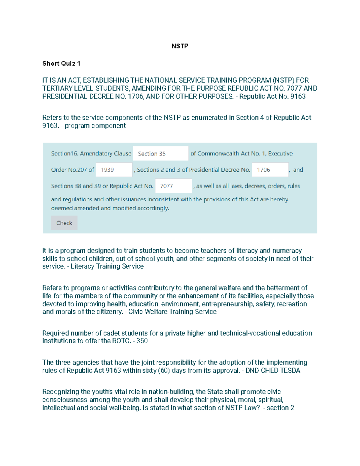 National Service Training Program 1 - NSTP Short Quiz 1 IT IS AN ACT ...