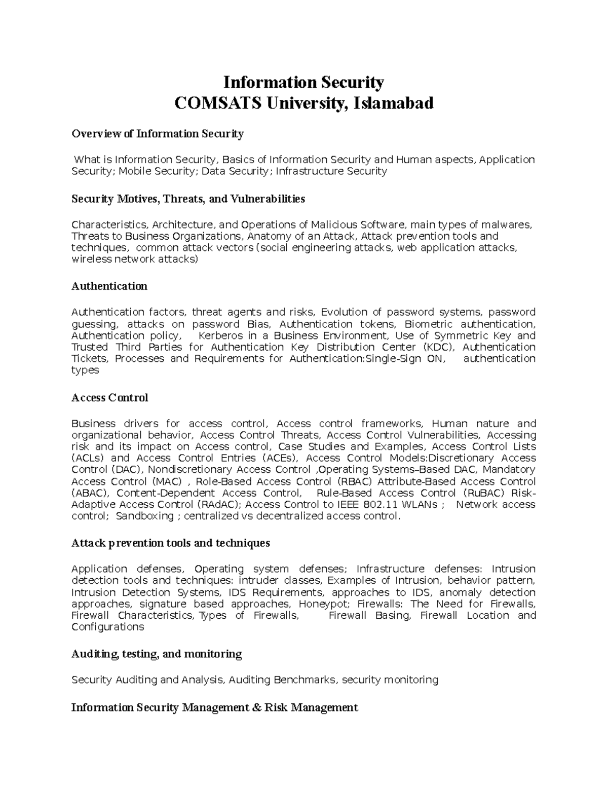 Course content - Information Security COMSATS University, Islamabad ...