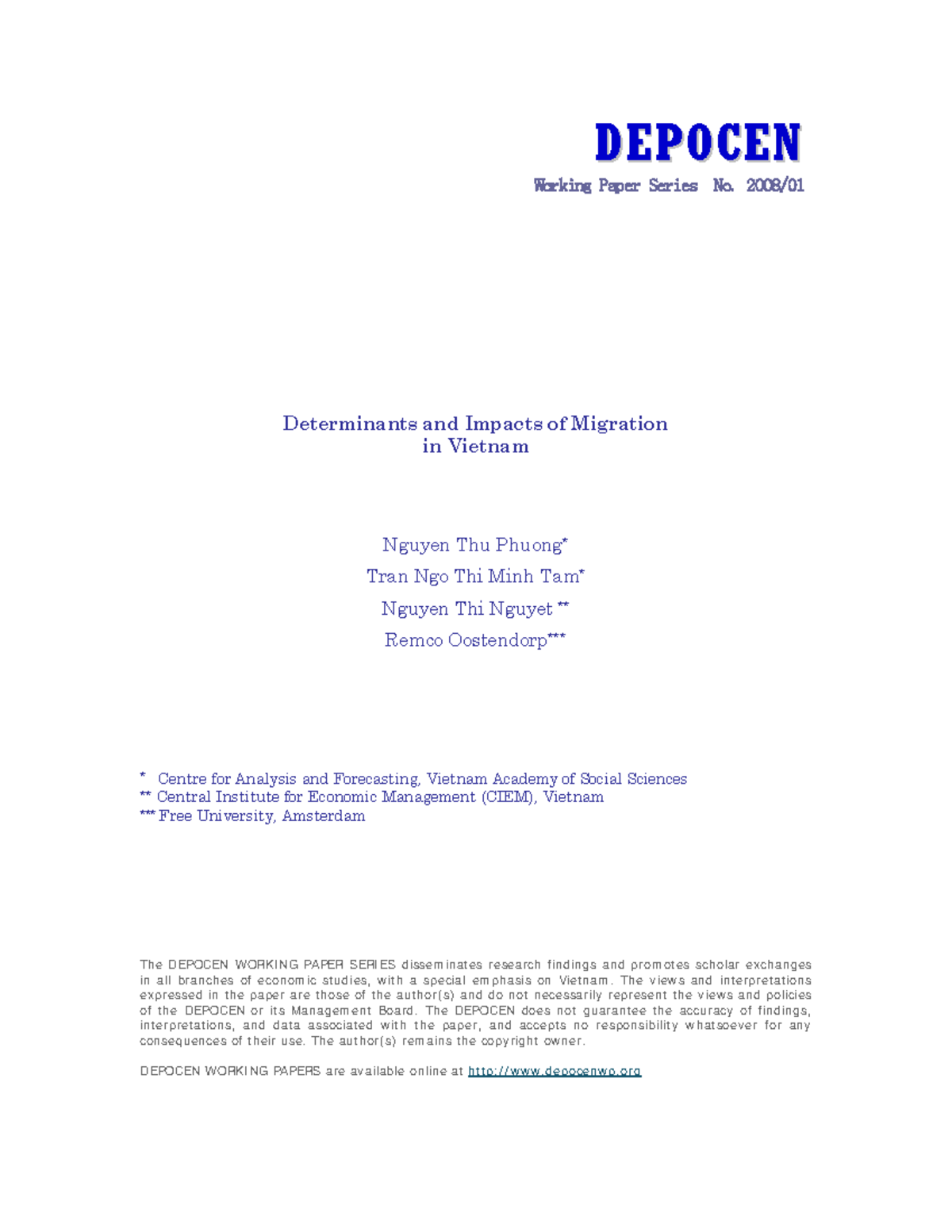 Determinants and Impacts of Migration in Vietnam Depocenwp ...
