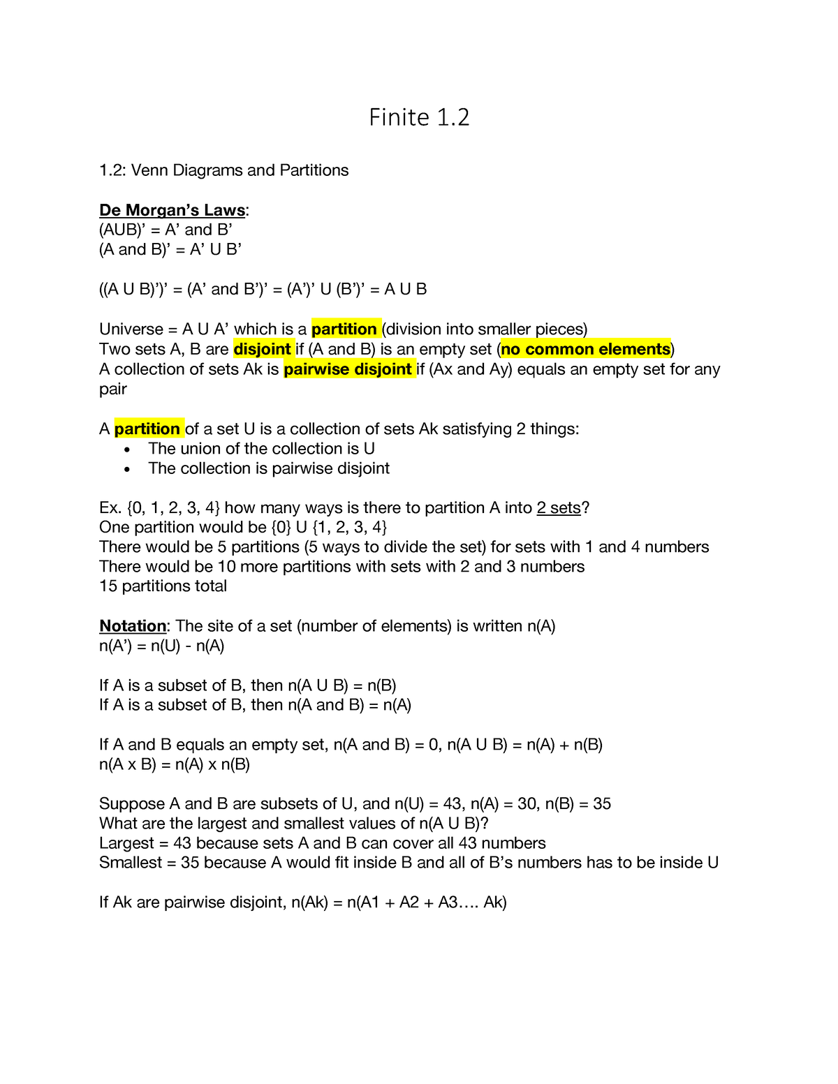 Finite Mathematics 12 Finite 1 1 Venn Diagrams And Partitions De Morgans Laws Aub A 0192