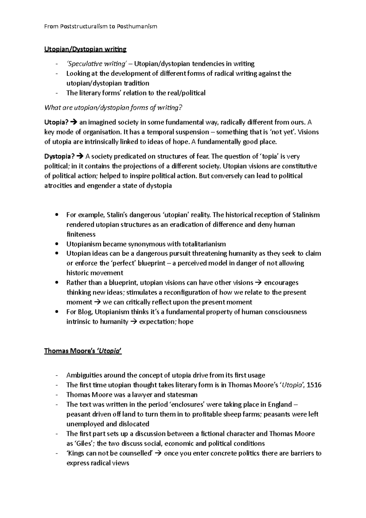 Thomas Moore's Utopia From Poststructuralism to Posthumanism Utopian/Dystopian writing Studocu