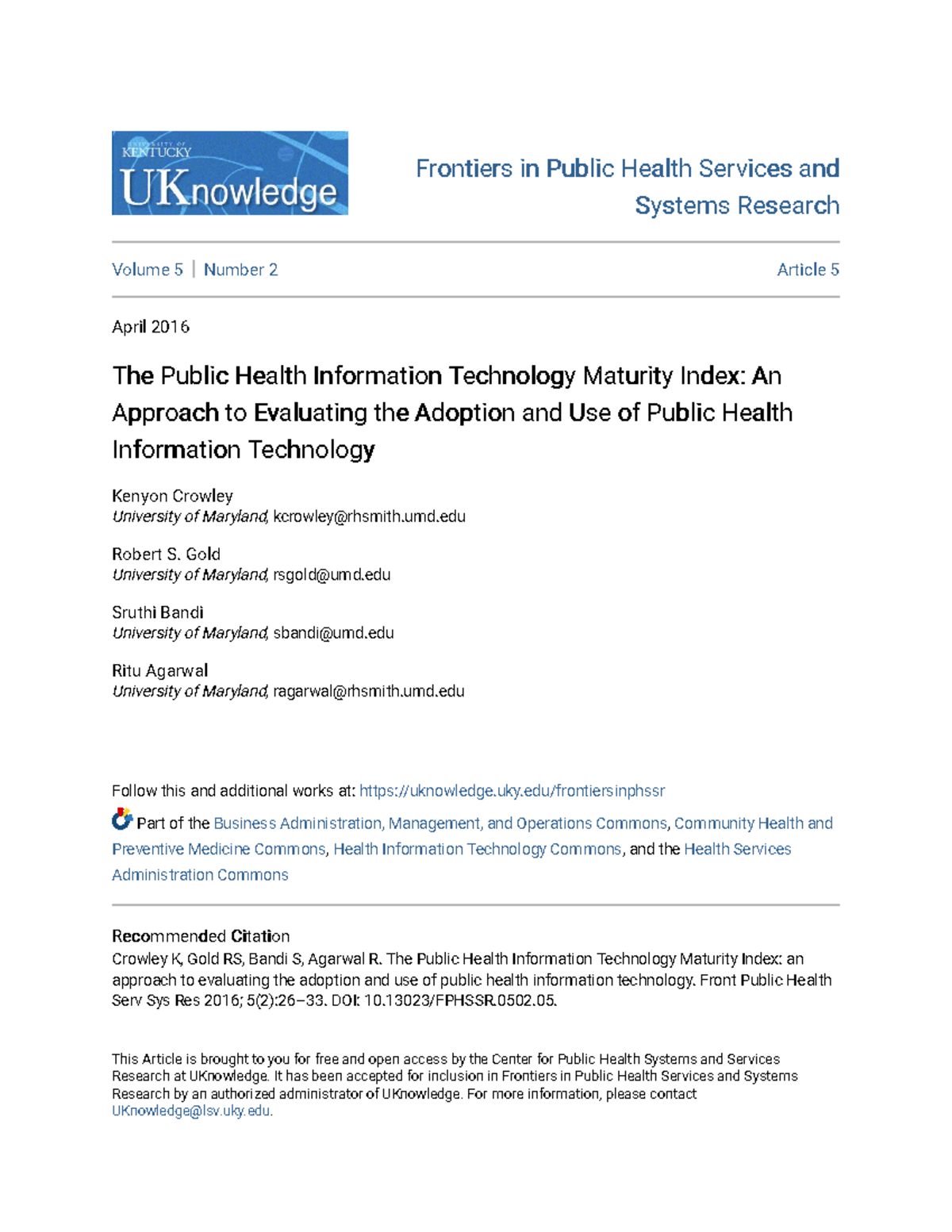 The Public Health Information Technology Maturity Index - umd Robert S ...