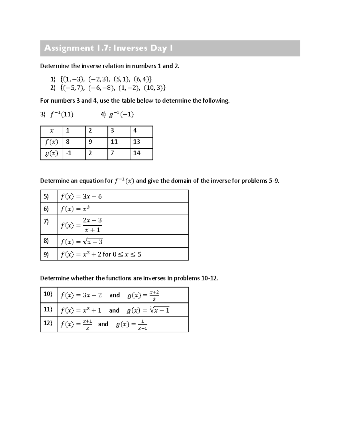 6.7 practice worksheet homework inverses