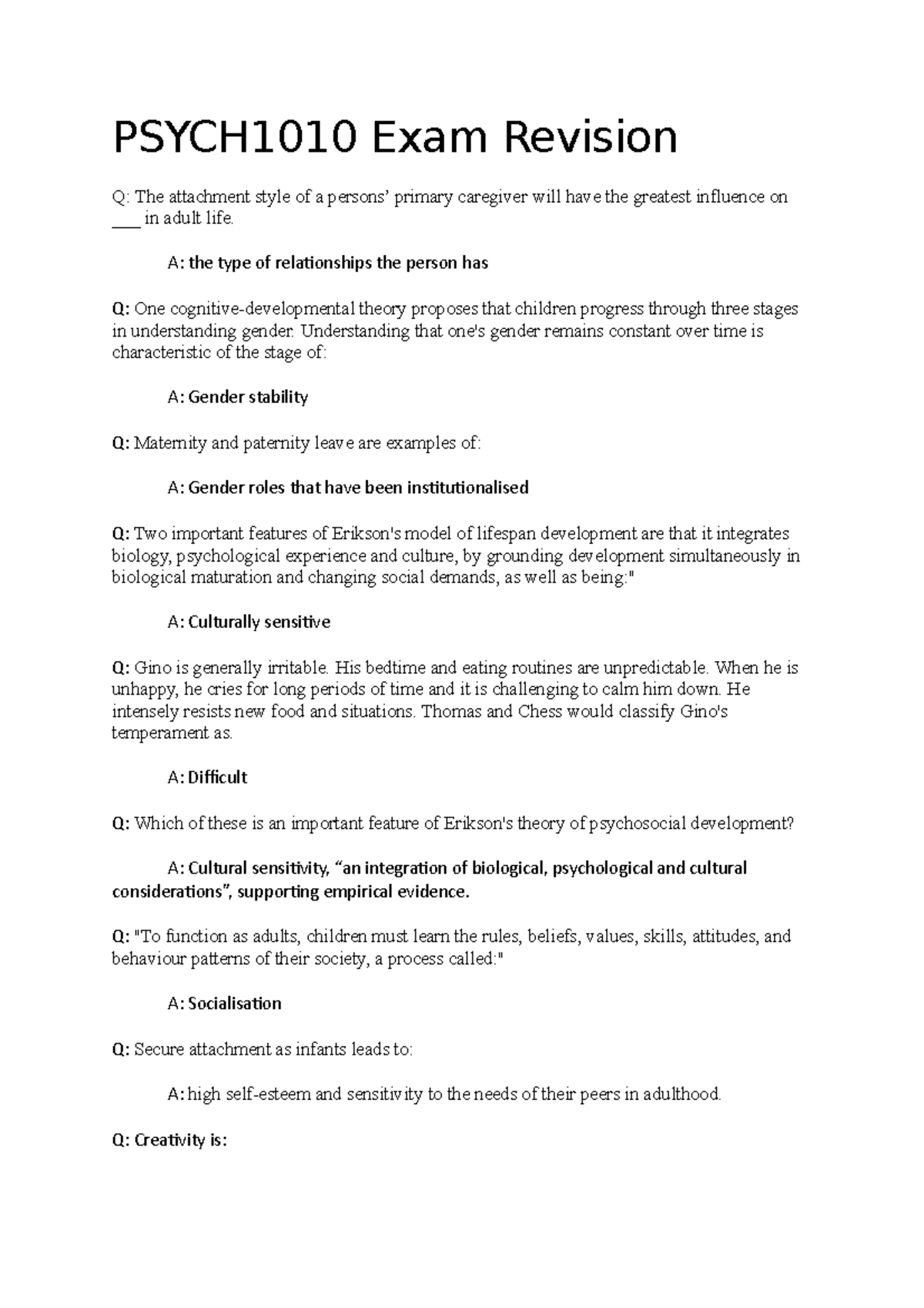 Psych 1010 exam revision - PSYCH1010 Exam Revision Q: The attachment ...