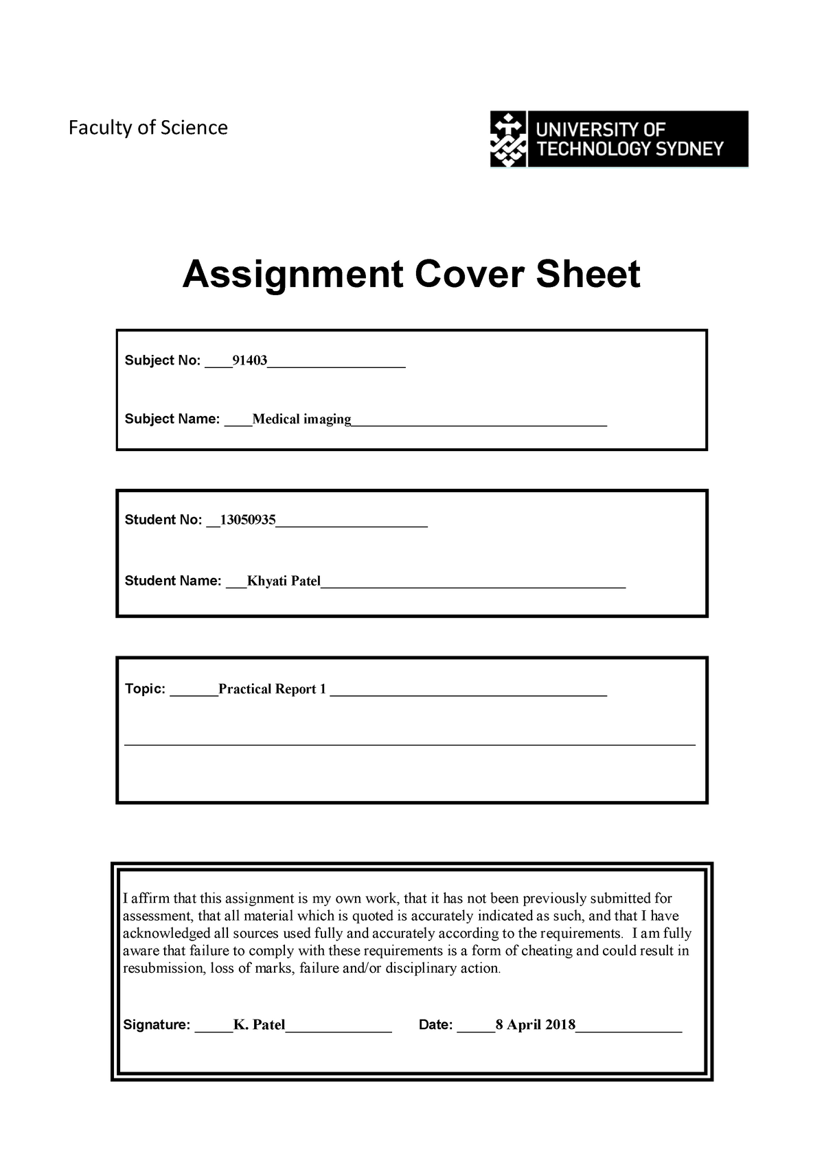 Medical imaging Report 1 - Faculty of Science Assignment Cover Sheet ...