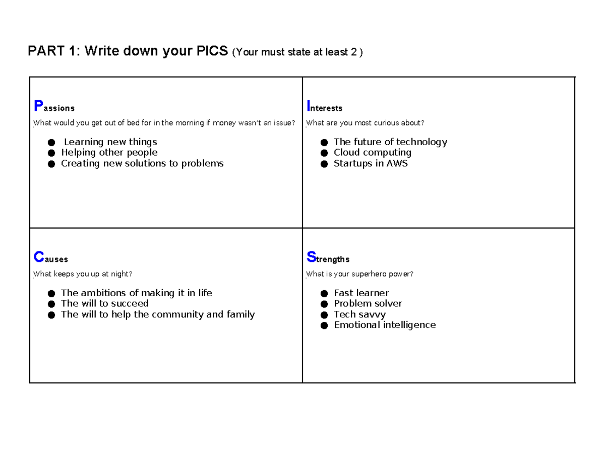 Copy of PICS and Personal Mission Statement Worksheet - PART 1: Write ...