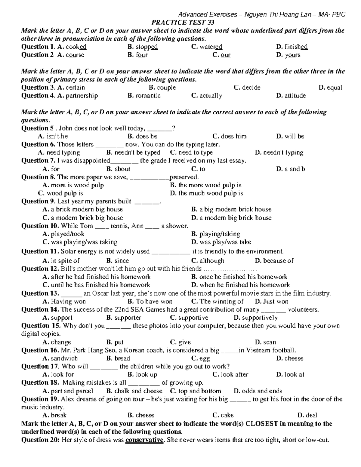 33 - so difficult - PRACTICE TEST 33 Mark the letter A, B, C or D on ...