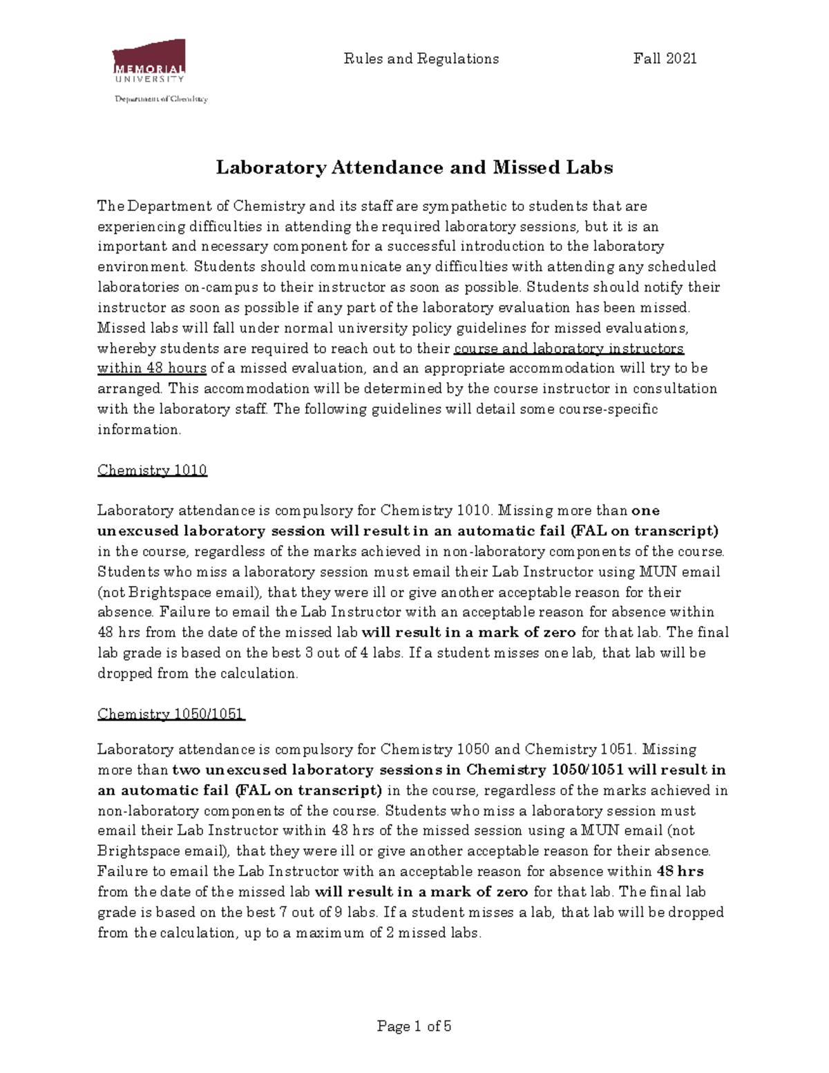 First Year Chem Lab Rules Reg F2021 Laboratory Attendance and Missed