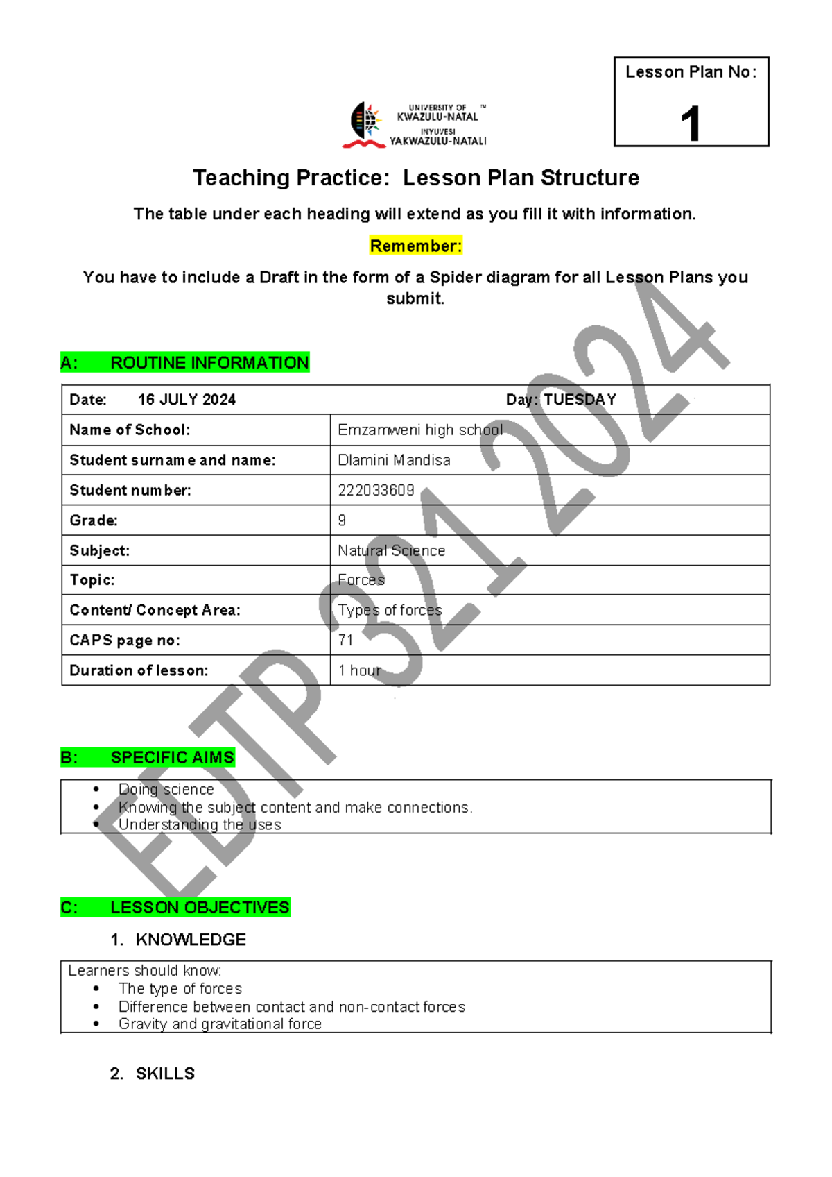 NS Lesson PLAN 1 2024 - Teaching Practice: Lesson Plan Structure The ...