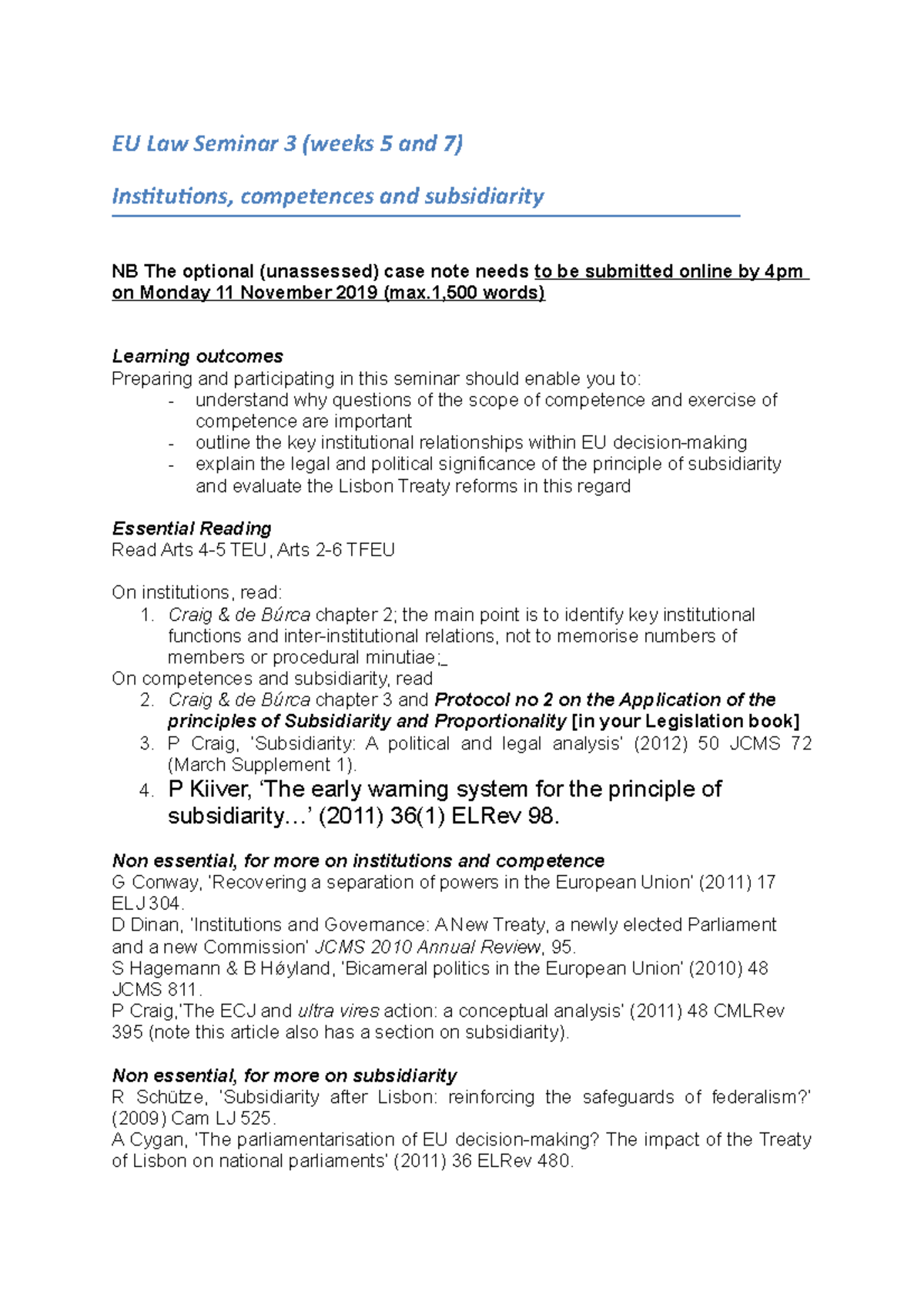 EU Law Seminar 3 - Notes to prepare for exams - EU Law Seminar 3 (weeks ...
