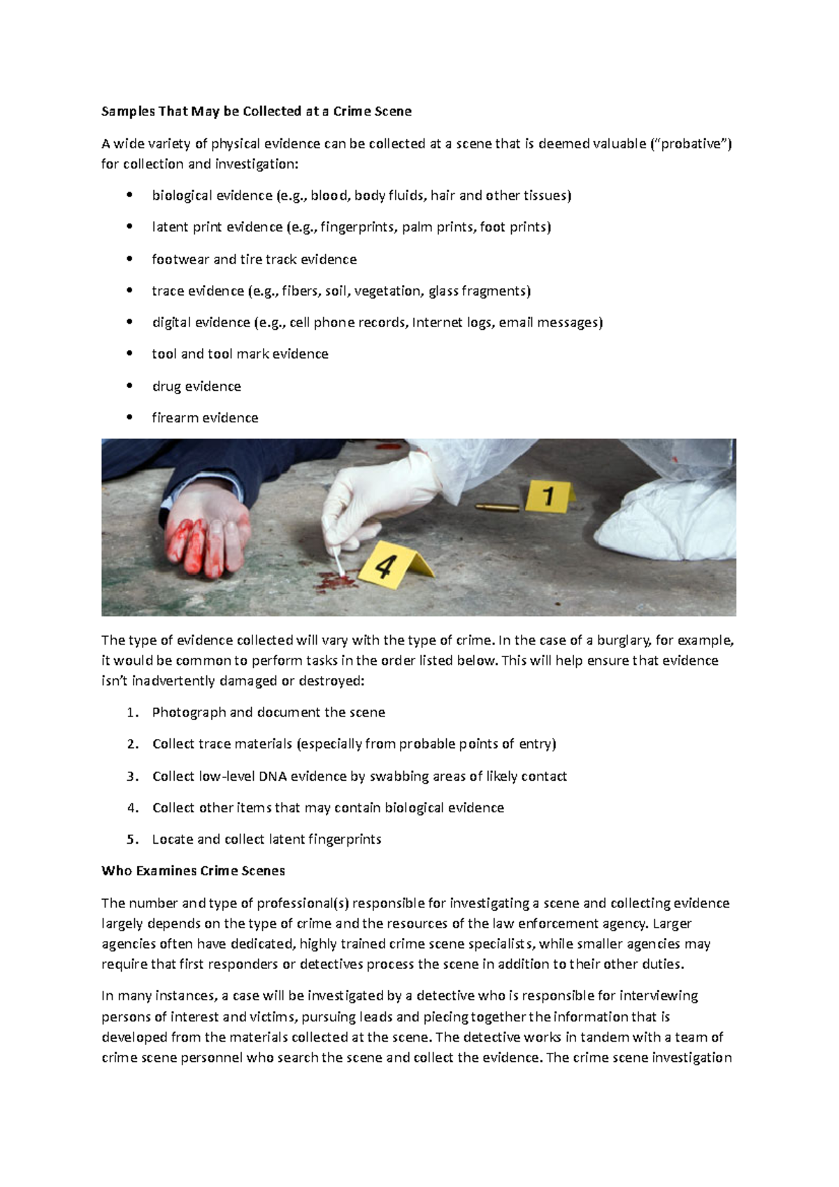 1st Samples That May be Collected at a Crime Scene Samples That May