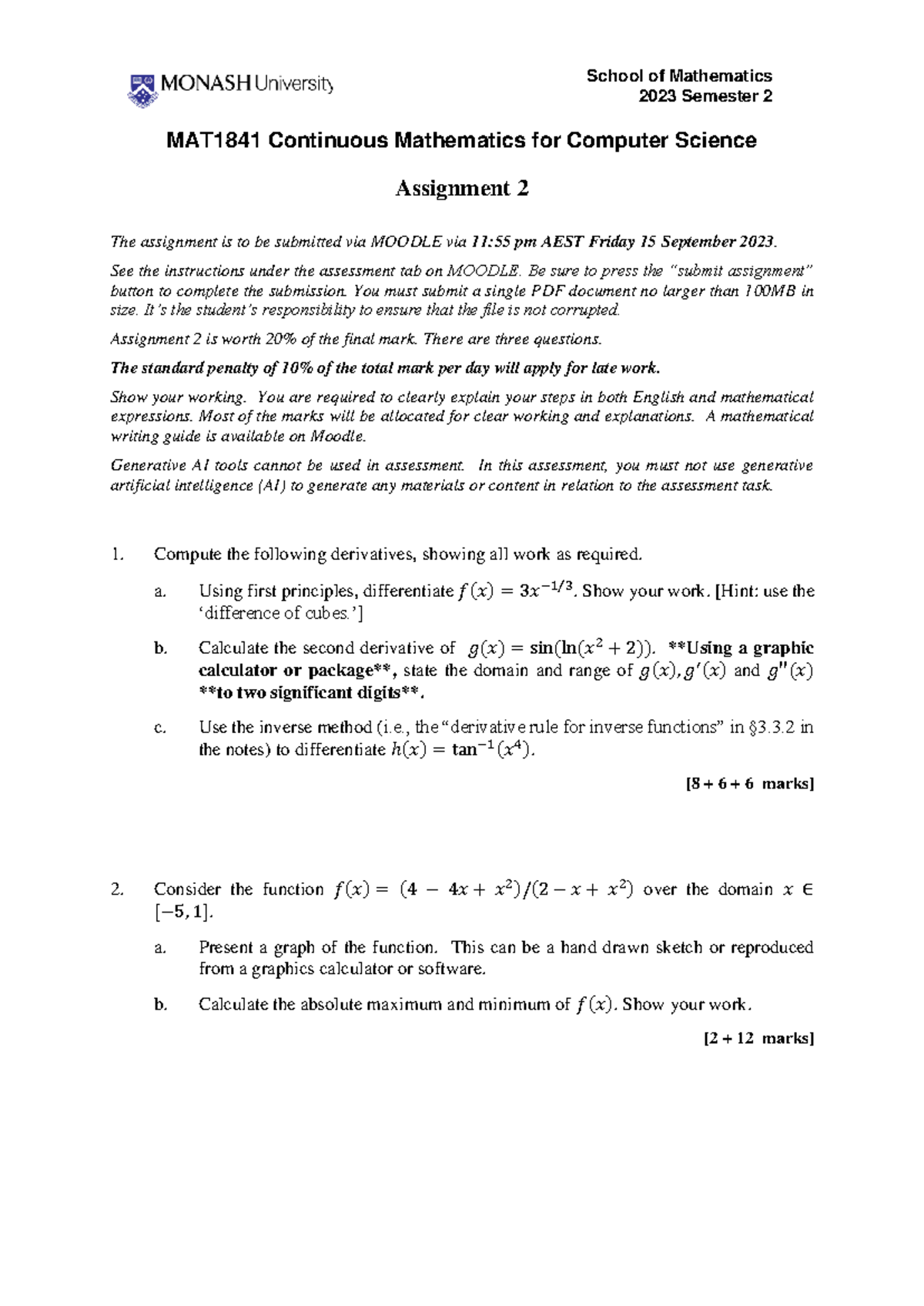 MAT1841 2023 2 Assignment 2 - School of Mathematics 2023 Semester 2 ...