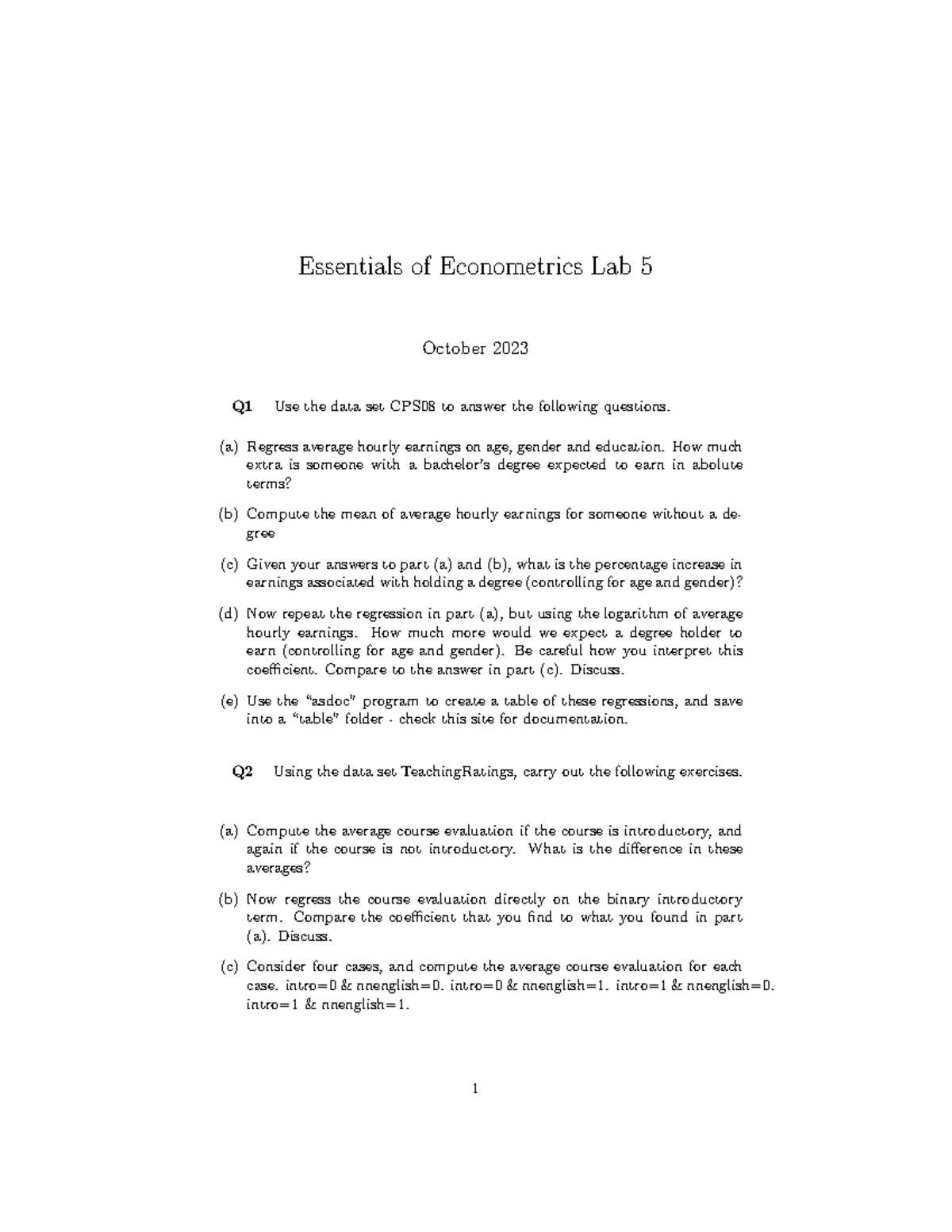 Essentials Of Econometrics Lab 5 2023 - Essentials Of Econometrics Lab ...