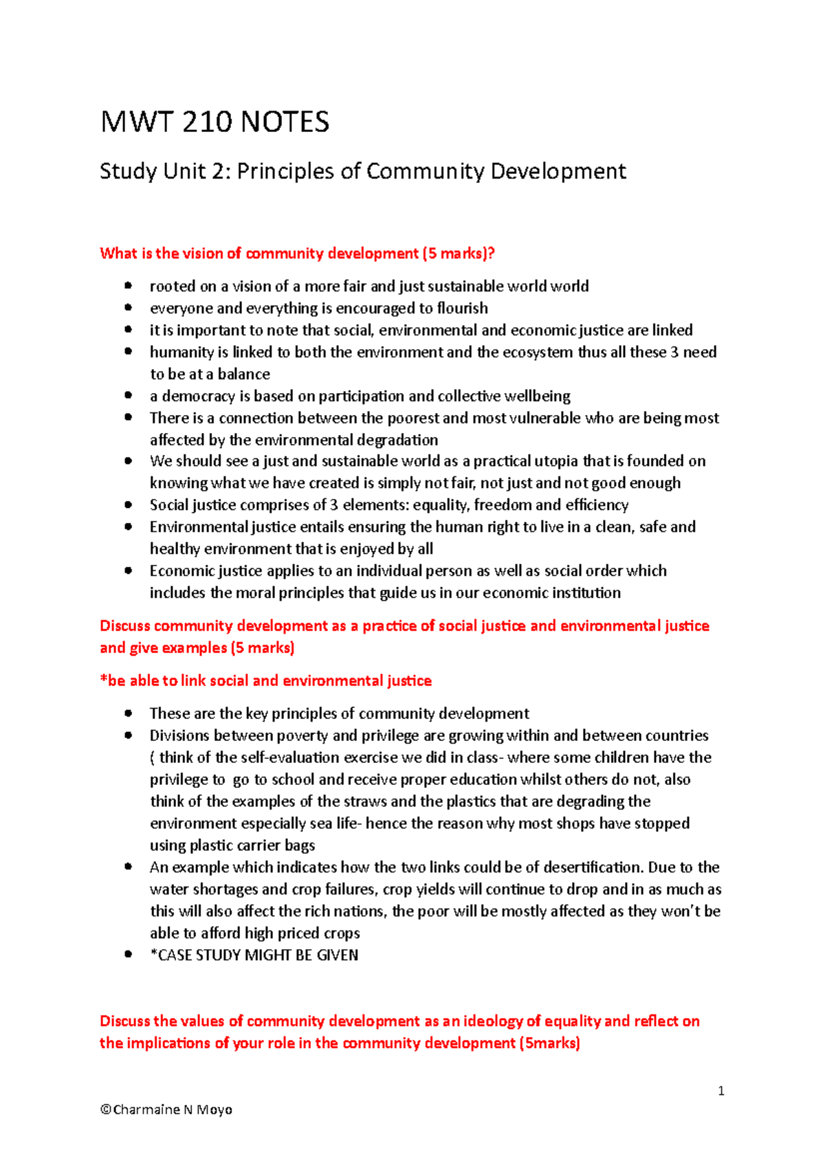 MWT 210 Notes - social work - MWT 210 NOTES Study Unit 2: Principles of ...