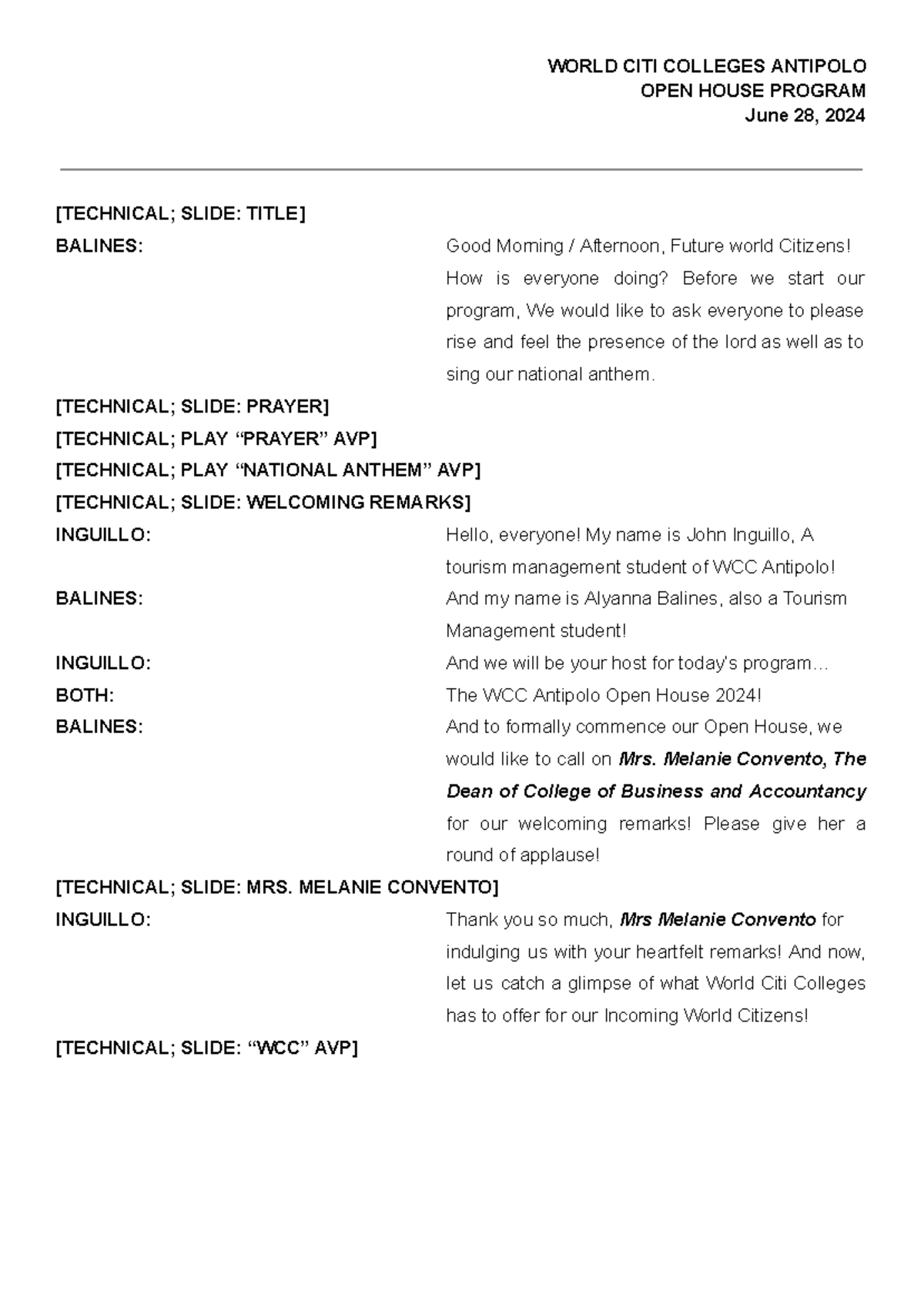 College OPEN House Script - WORLD CITI COLLEGES ANTIPOLO OPEN HOUSE ...