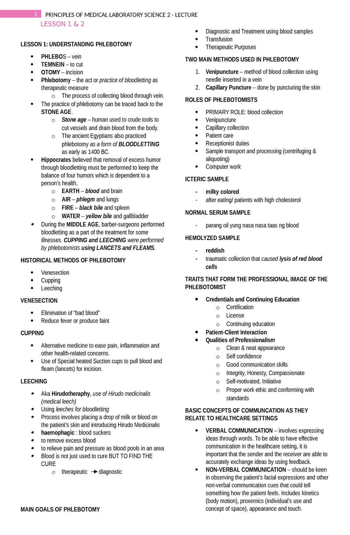 PMLS Lesson 1 N 2 - LESSON 1 & 2 LESSON 1: UNDERSTANDING PHLEBOTOMY ...