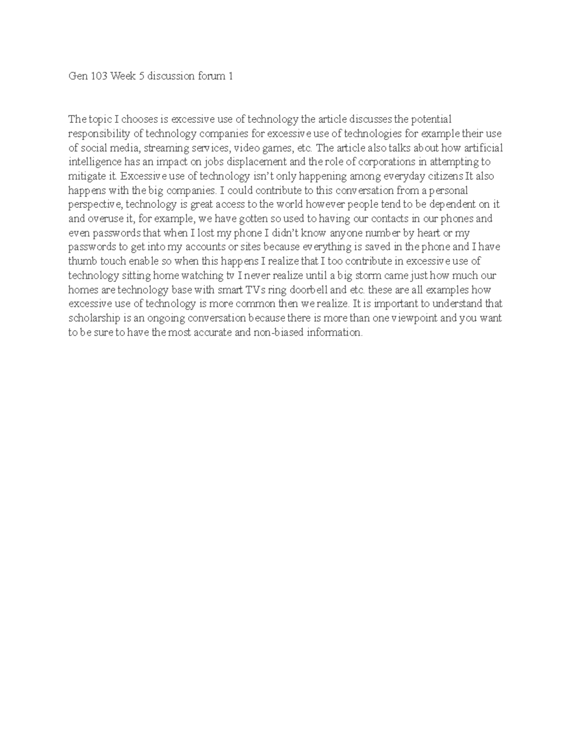 Gen 103 Week 5 discussion forum 1 - Gen 103 Week 5 discussion forum 1 ...