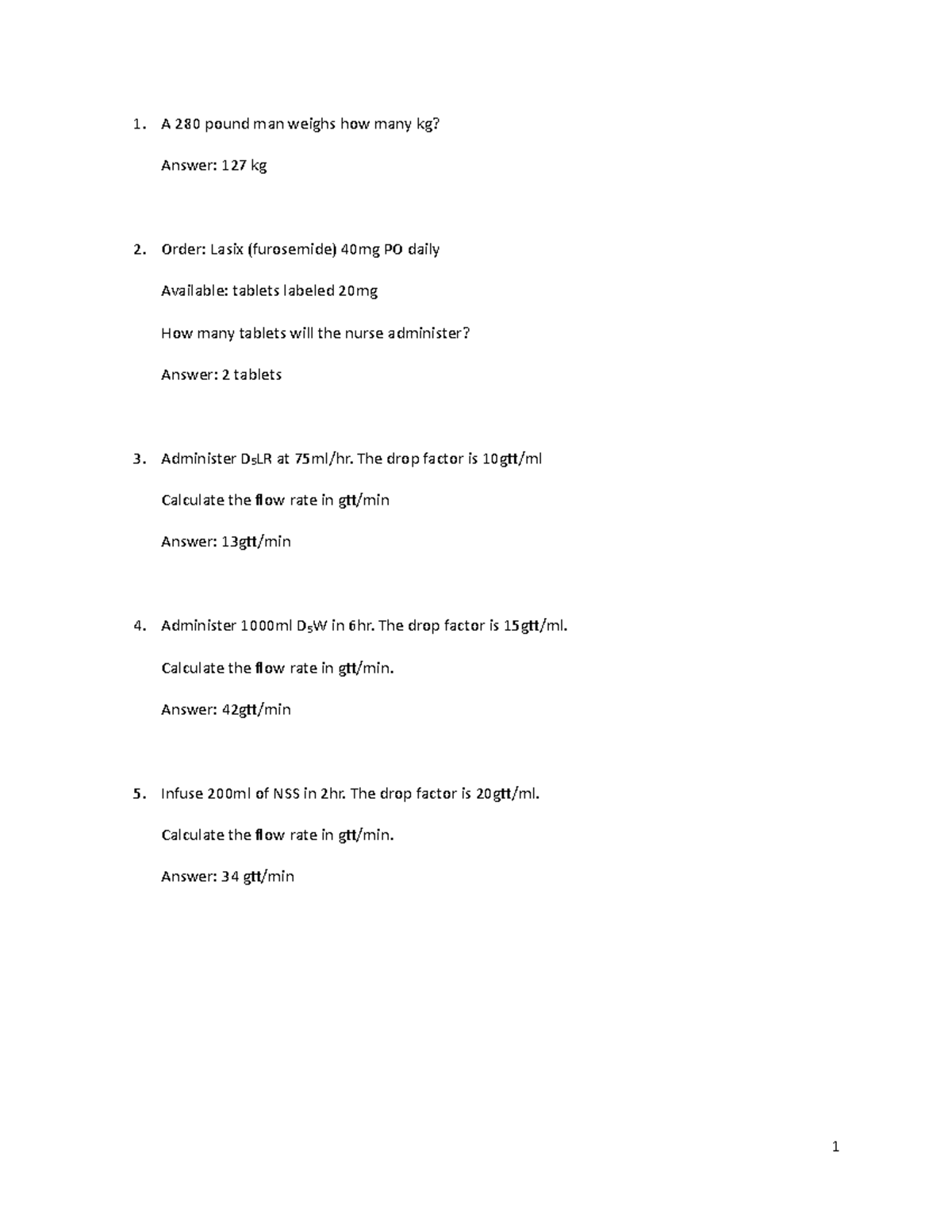 Dosage Calculation Practice Worksheet 3 - A 280 pound man weighs how ...