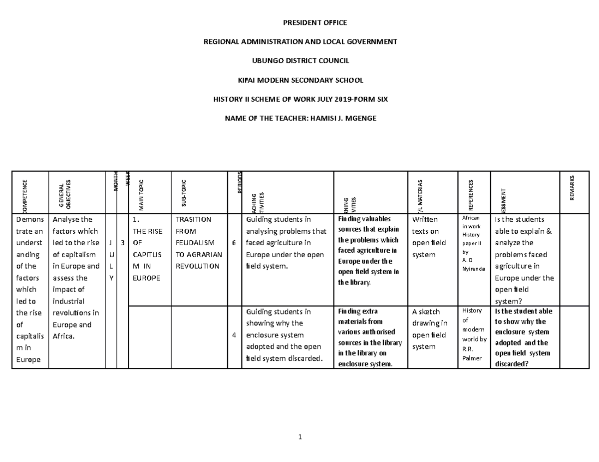 F6 SAMPLE OF SCHEME OF WORK HISTORY 2 - REGIONAL ADMINISTRATION AND ...