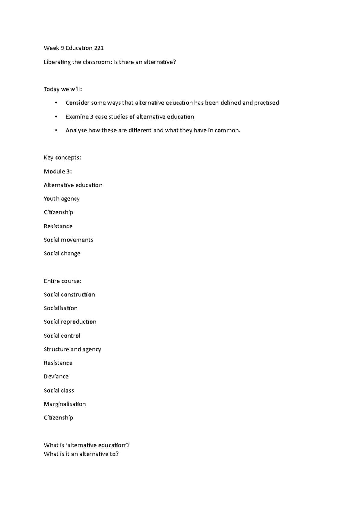Week 9 Educ 221 - Lecture Notes - Week 9 Education 221 Liberating the ...