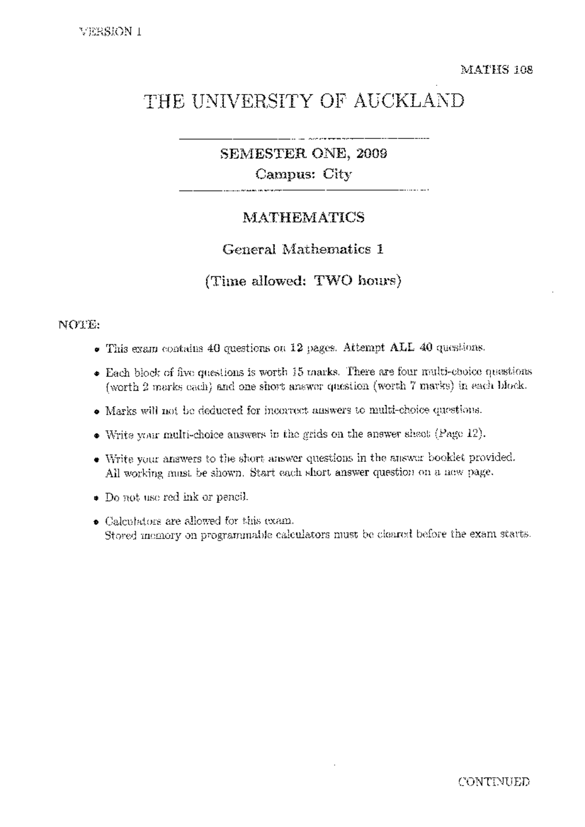 Maths 108 city semester 1 2009 general mathematics 1 studocu