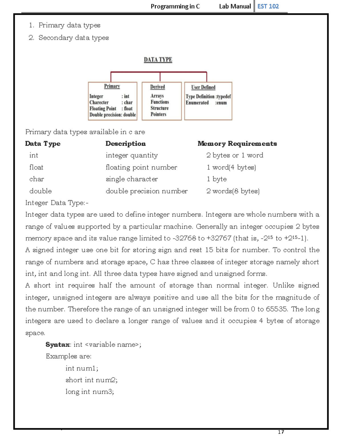 Introduction to C 2 - Joseph KK - Primary data types Secondary data ...