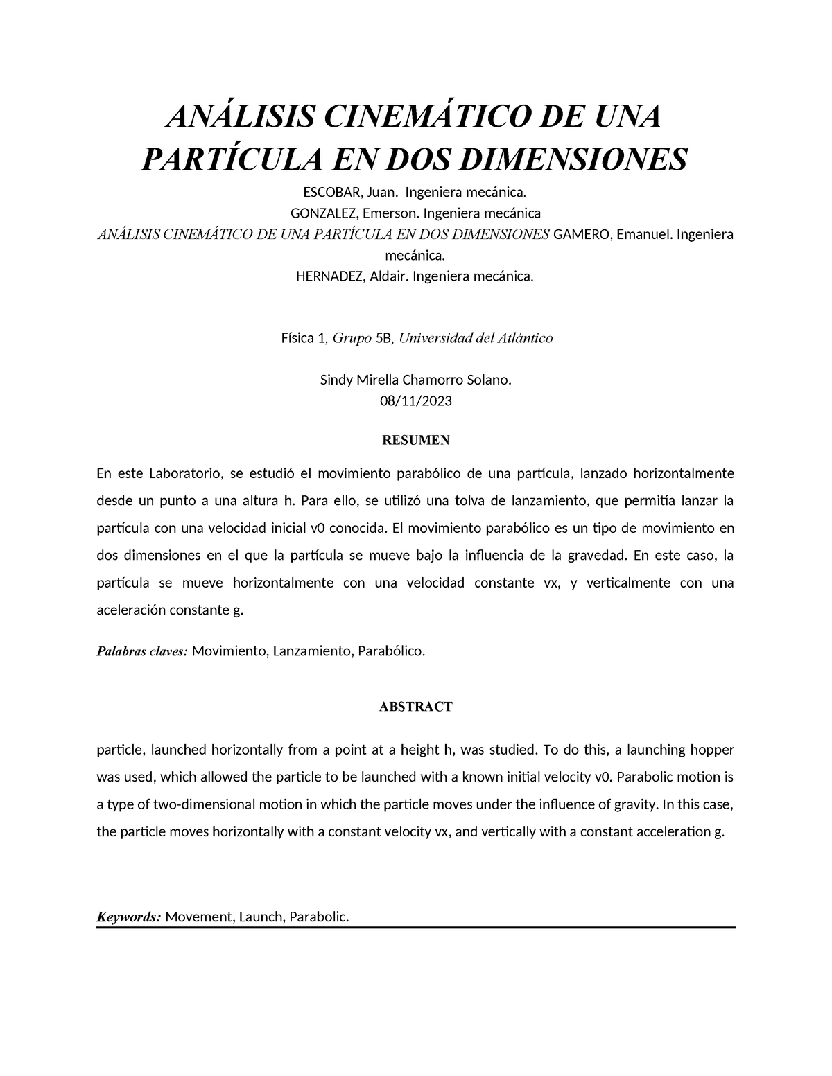 Analisis Cinematico DE UNA Particula EN DOS Dimensiones - ANÁLISIS ...