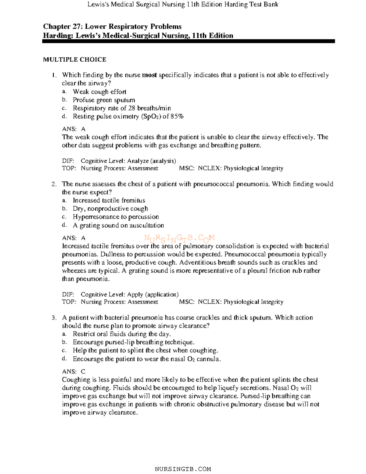 Test Bank For Chapter 27 - NURSINGTB Chapter 27: Lower Respiratory ...