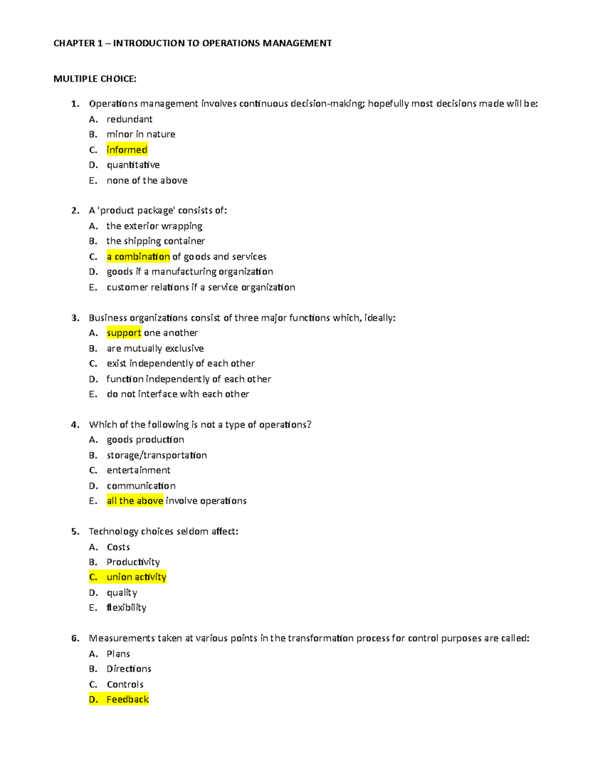 Chap1-MC-Key - LECTURE NOTES - MULTIPLE CHOICE: Operations management ...