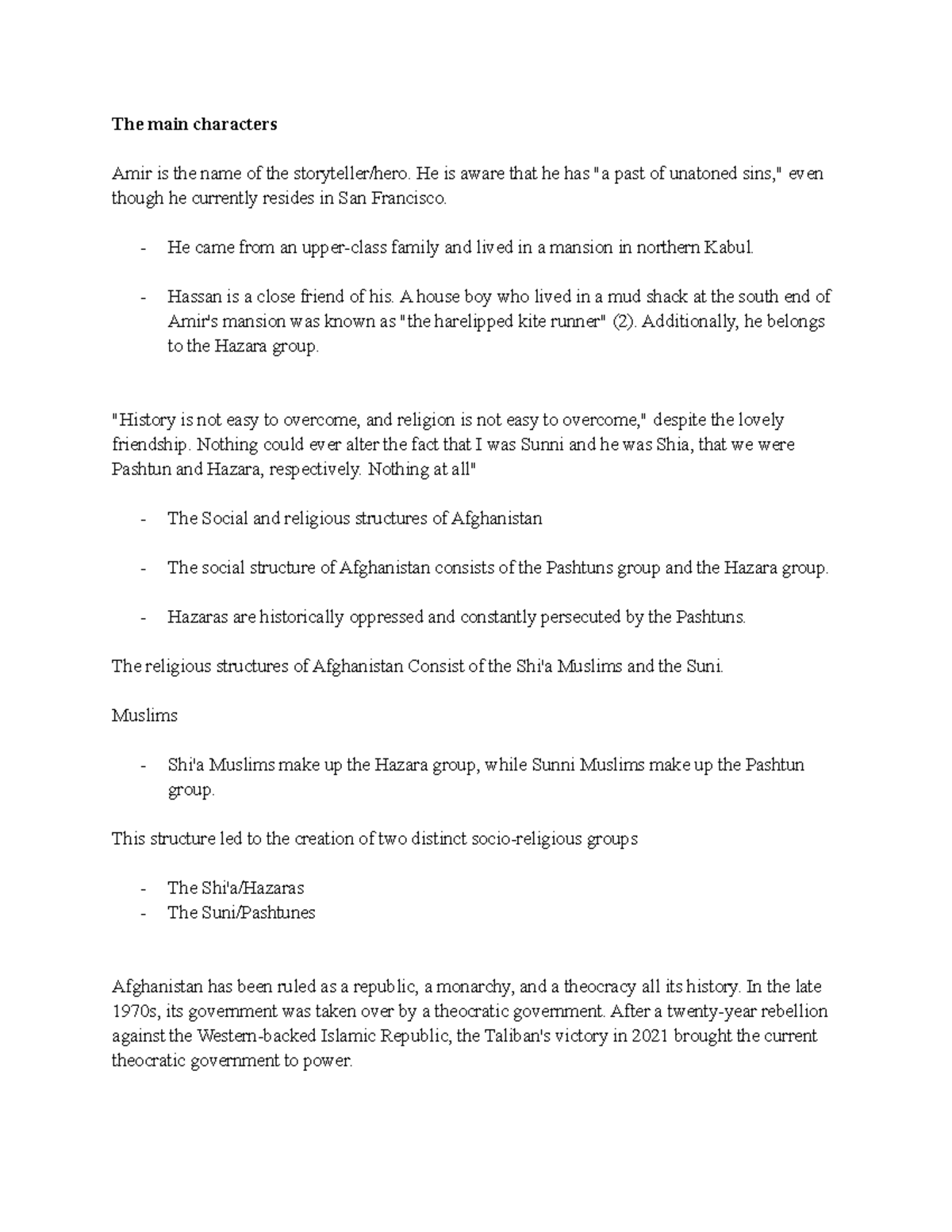 The Kite Runner Study Guide The main characters Amir is the name of