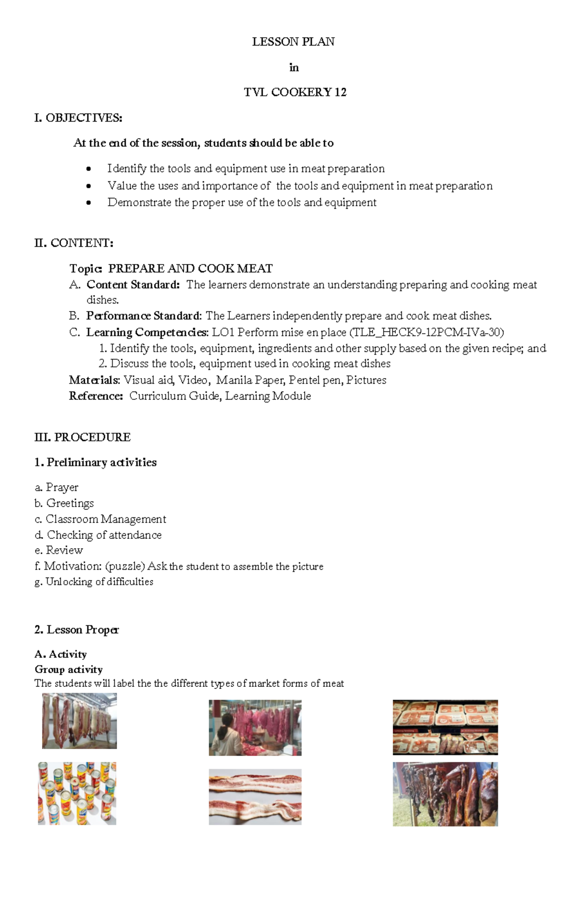 Tvl cookery 12 lesson plan on preparing and cooking meat - LESSON PLAN ...