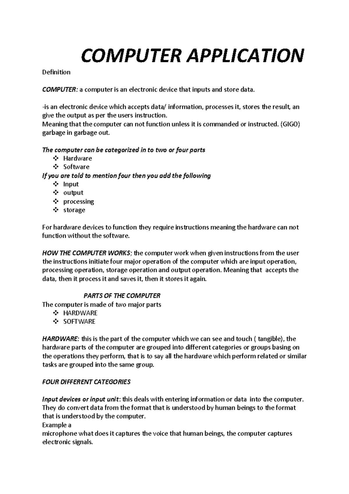 Computer Notes 1 - COMPUTER APPLICATION Definition COMPUTER: a computer ...