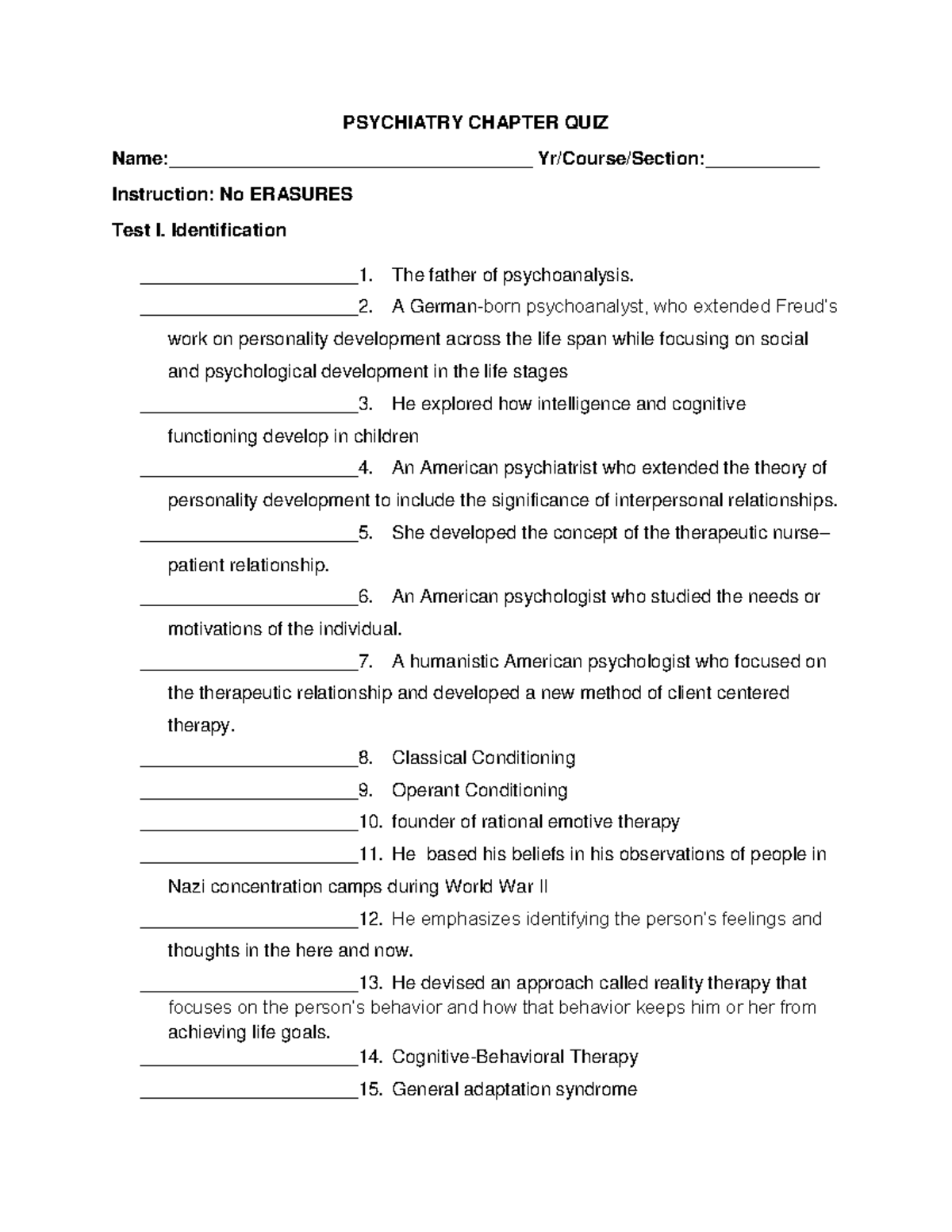 Psychiatry Chapter QUIZ PSYCHIATRY CHAPTER QUIZ Name___________________________________ Studocu
