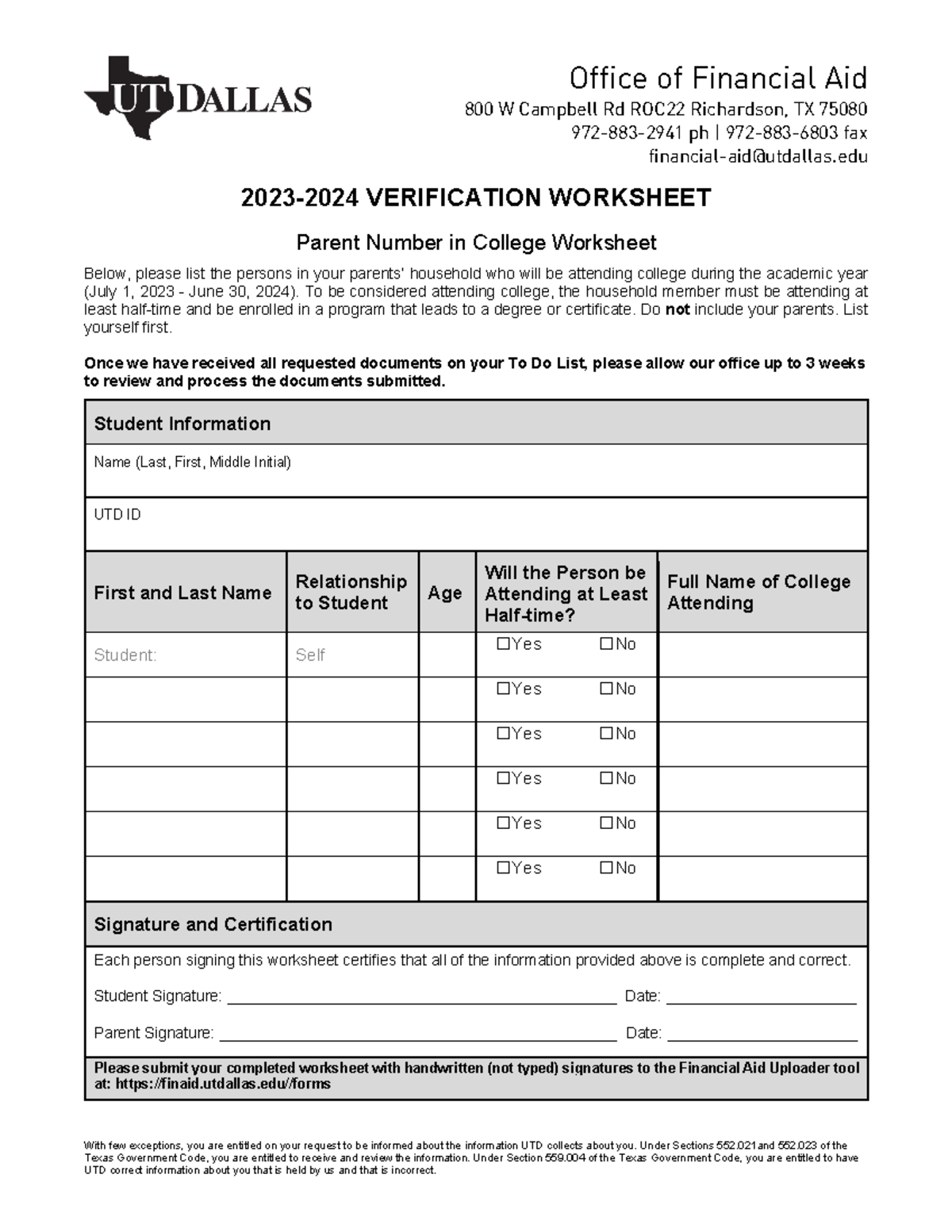 2024numberincollegeparentupload Office of Financial Aid 800 W