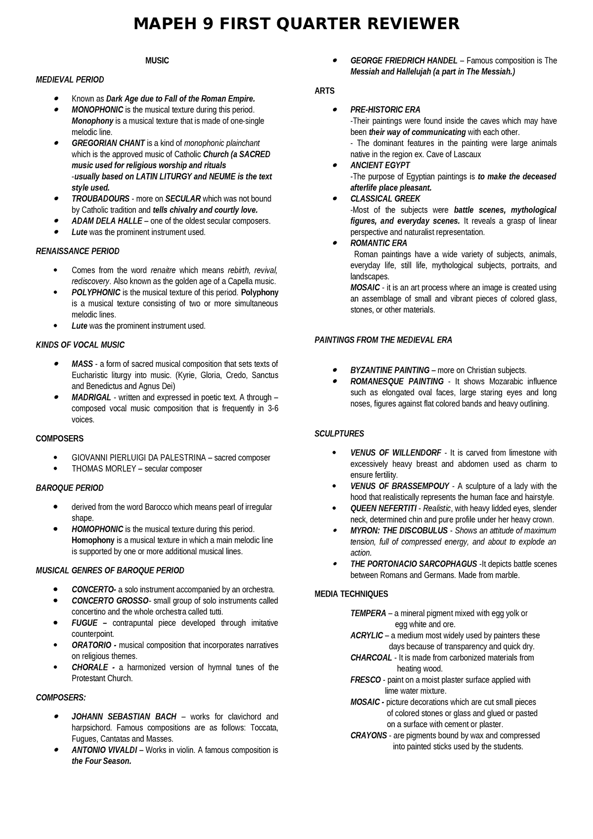 Mapeh First Quarter Reviewer 2023 - MAPEH 9 FIRST QUARTER REVIEWER ...