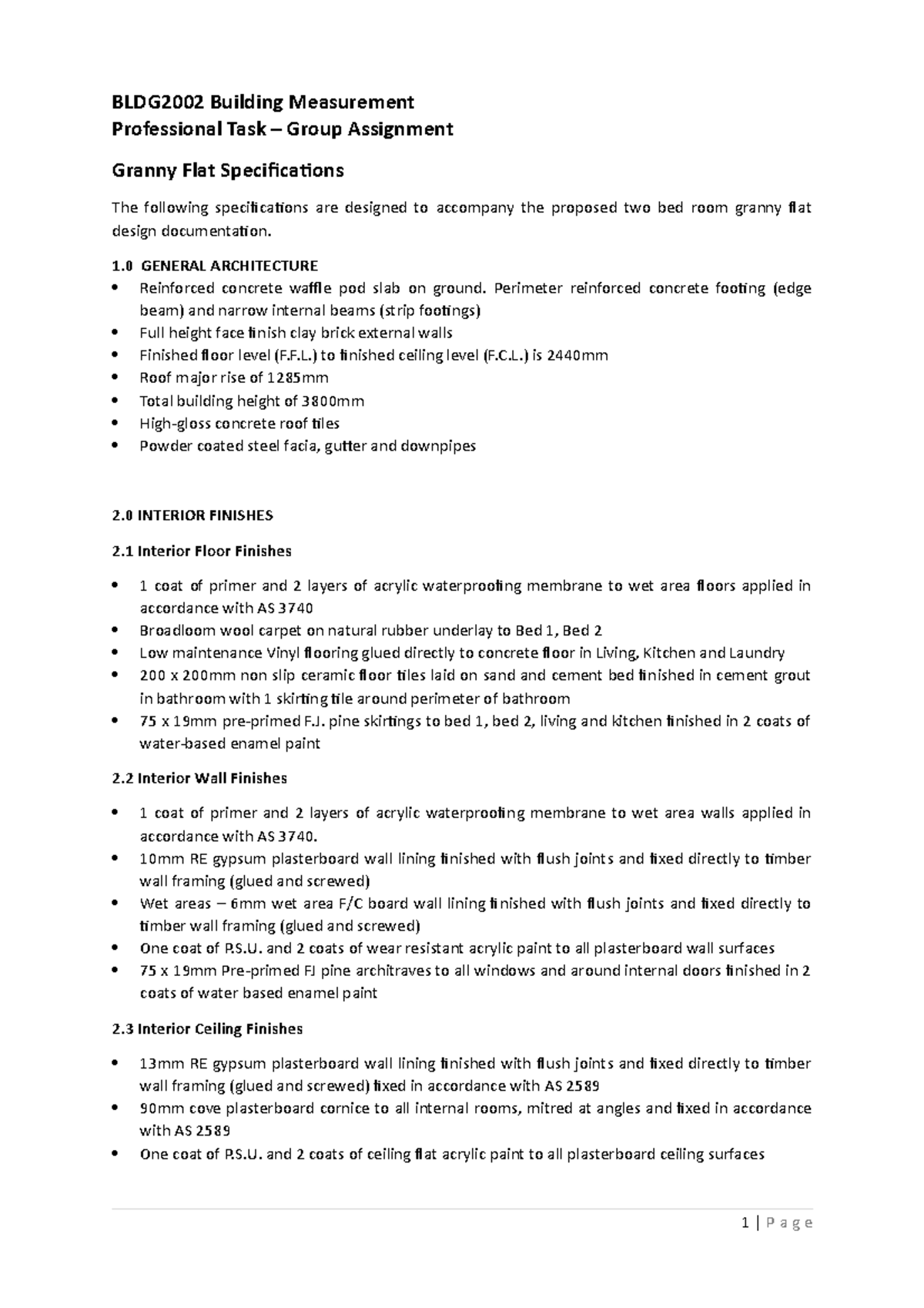 Assessment 2 - Granny Flat Additional Specifications - BLDG2002 ...